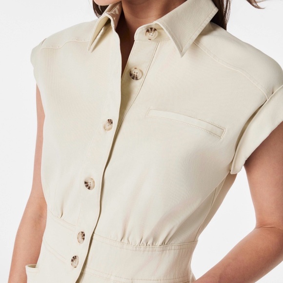 SPANX Dresses & Skirts - Spanx Stretch Utlity Twill Button-Up Short Sleeve Stretch Cream Mini Dress